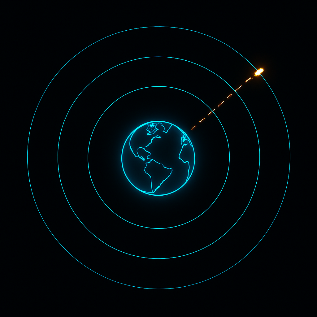 Top-down orbital diagram showing an asteroid's predicted collision trajectory crossing Earth's orbit